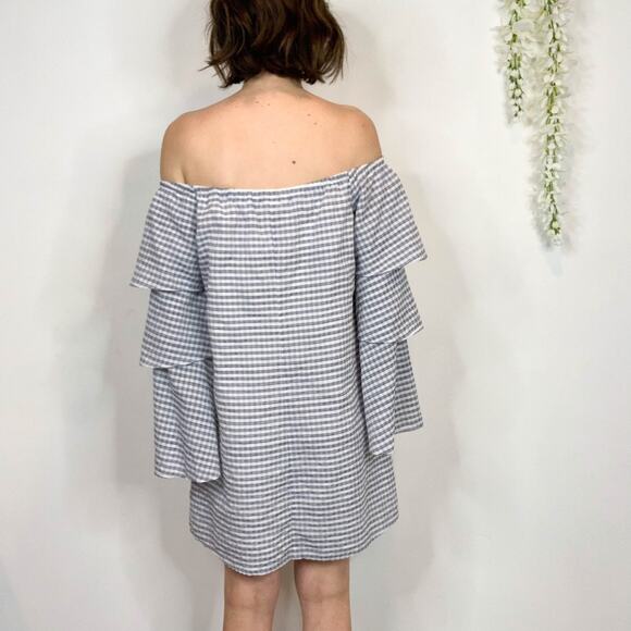 WAYF gingham print picnic dress flared tiered sleeves blue white strapless 3264 - Picture 5 of 12